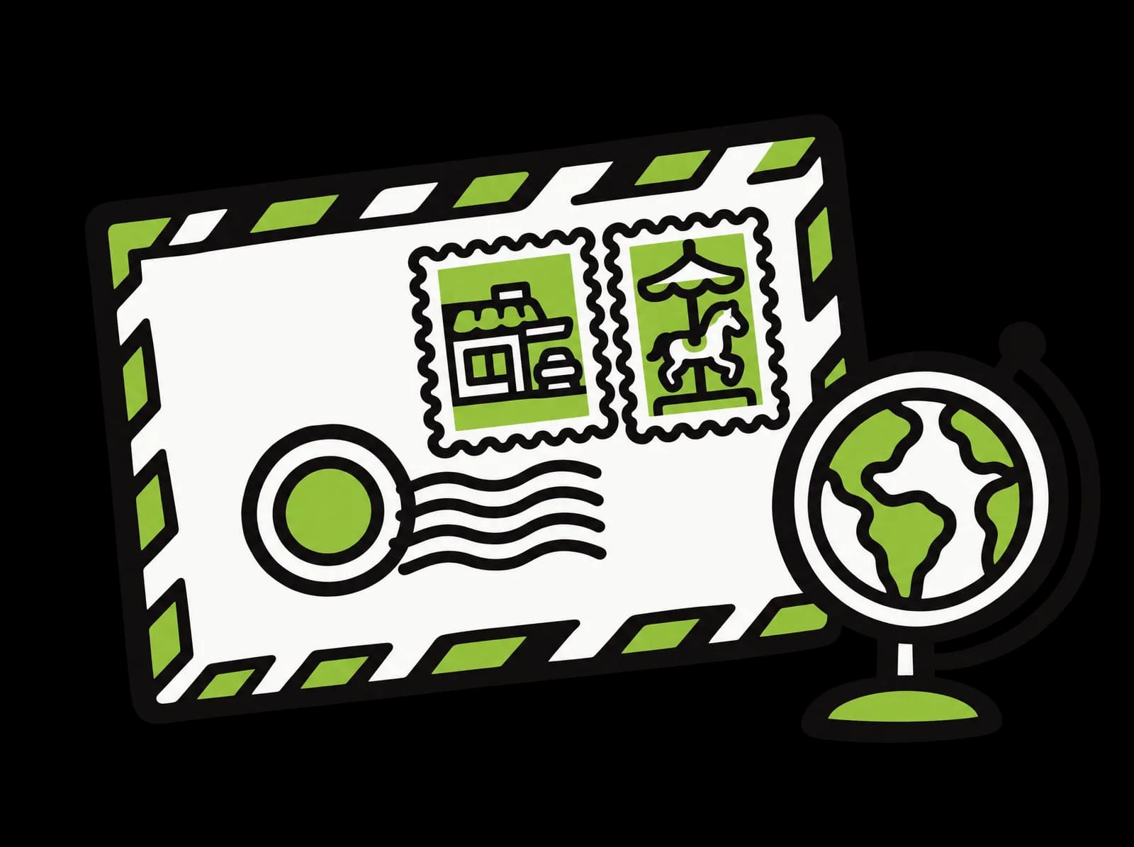 Ink drawing of an airmail envelope with a drive-thru stamp and a carousel-horse stamp, a postmark and a small globe