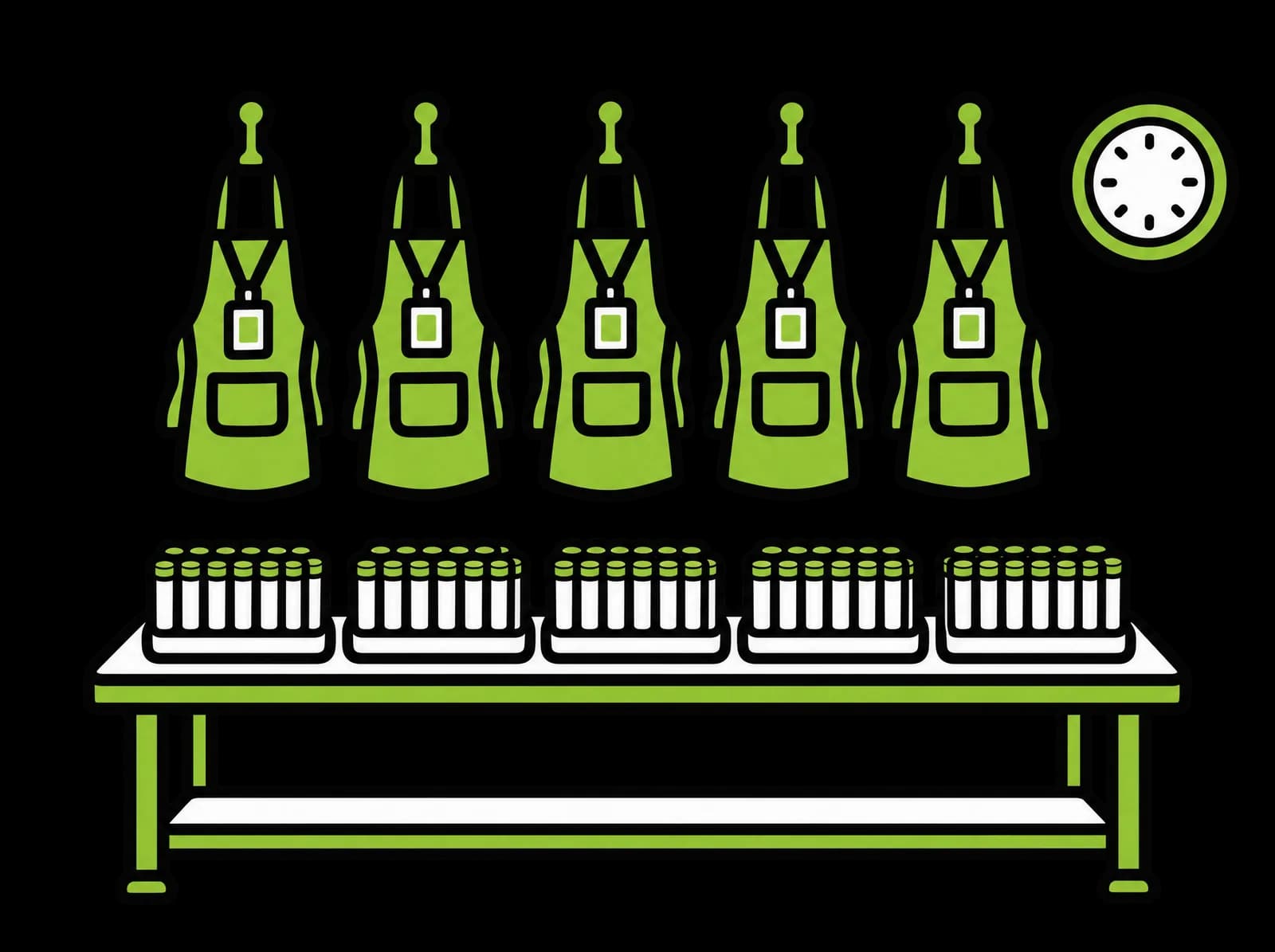 Ink drawing of work aprons and ID badges on hooks above a worktable lined with rows of pre-roll tubes, and a wall clock