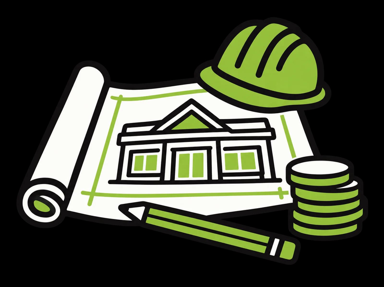 Ink drawing of a half-unrolled blueprint of a gabled storefront, a hard hat, a pencil and a stack of coins