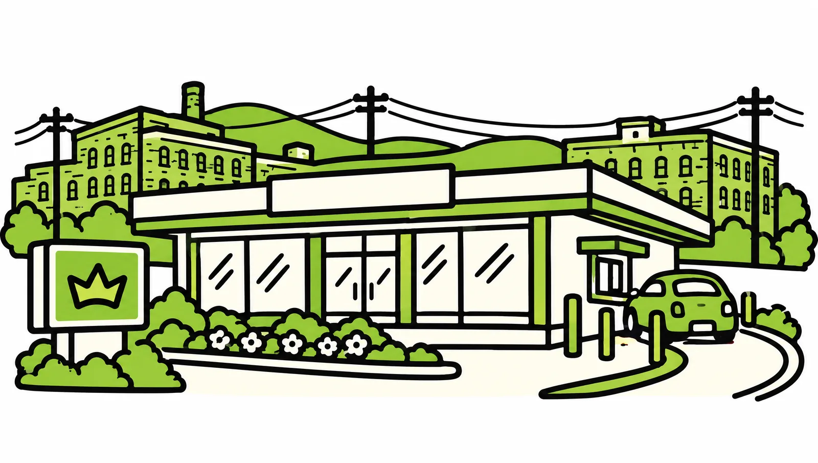 Ink drawing of a low storefront with a drive-thru lane, a crown on the lawn sign, brick warehouses and hills behind