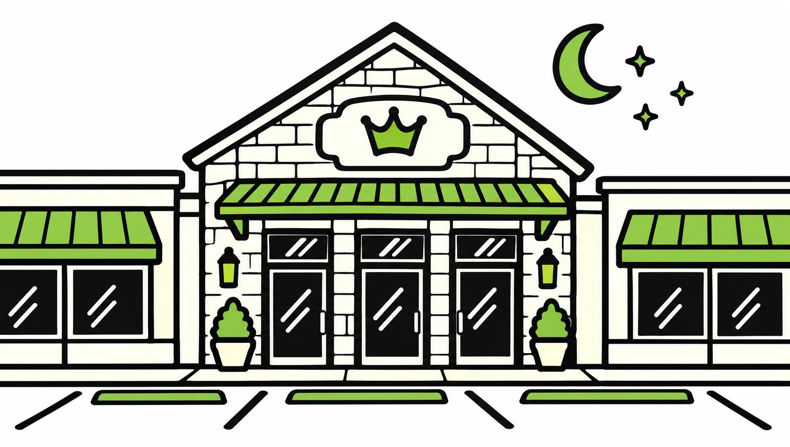 Ink drawing of the Colerain Township storefront at night: a stone gable with a crown plaque, a wood canopy over glass doors, and a striped lot