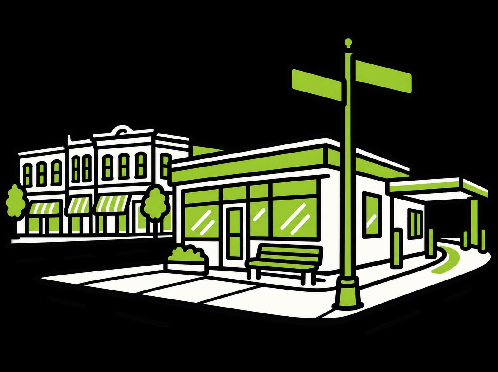 Ink drawing of a street corner: a signpost with two blank blades, a standalone shop with a drive-thru lane and brick buildings across the street