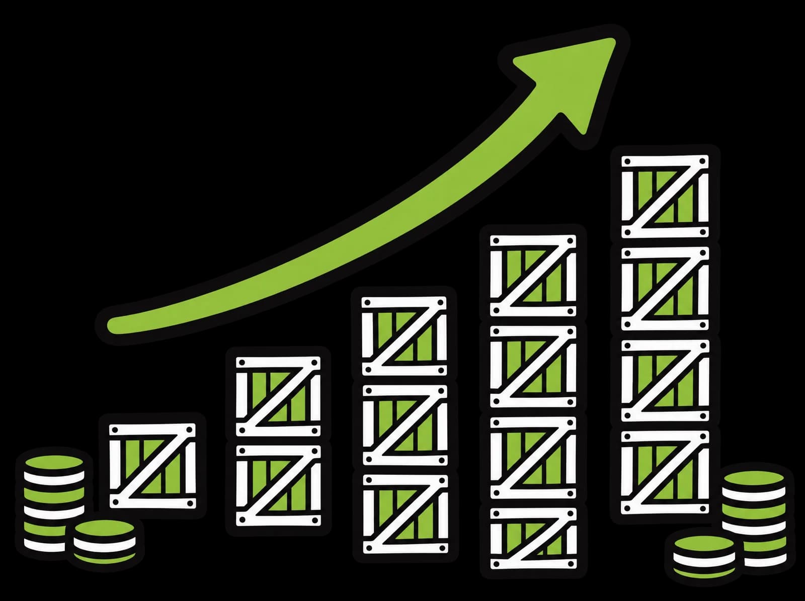 Ink drawing of shipping crates stacked like a rising bar chart under a sweeping arrow, with coins