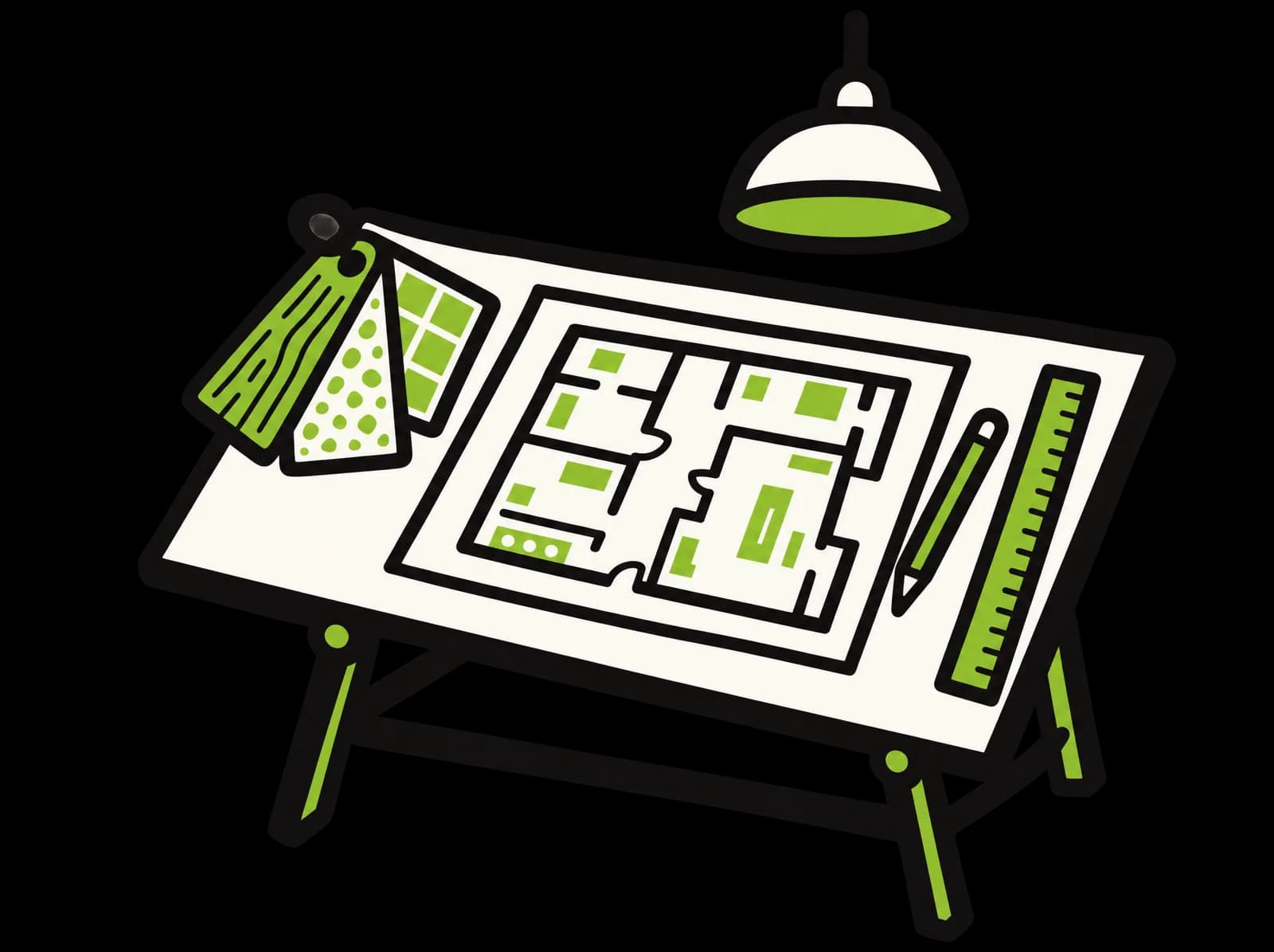 Ink drawing of a drafting table with a shop floor plan, material swatches, a pencil, a ruler and a pendant lamp