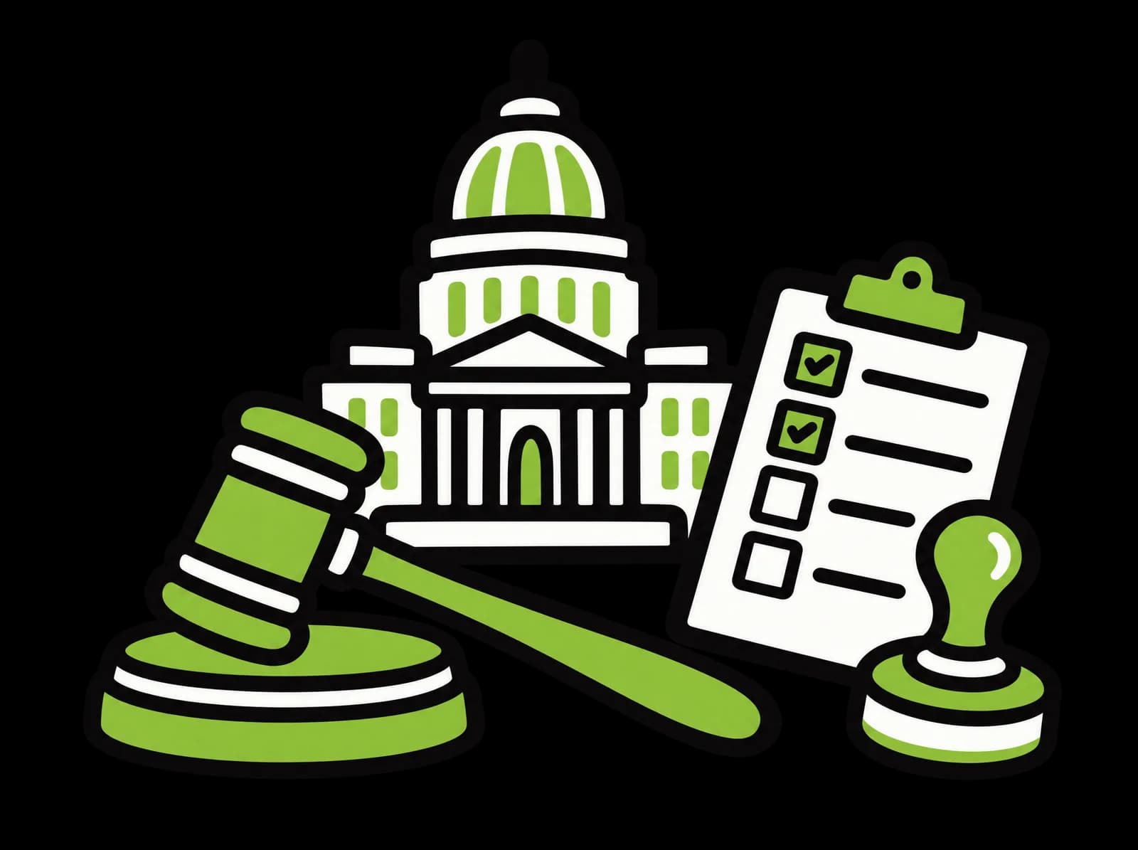 Ink drawing of a gavel, a clipboard checklist with two boxes ticked, a round stamp and a domed city hall