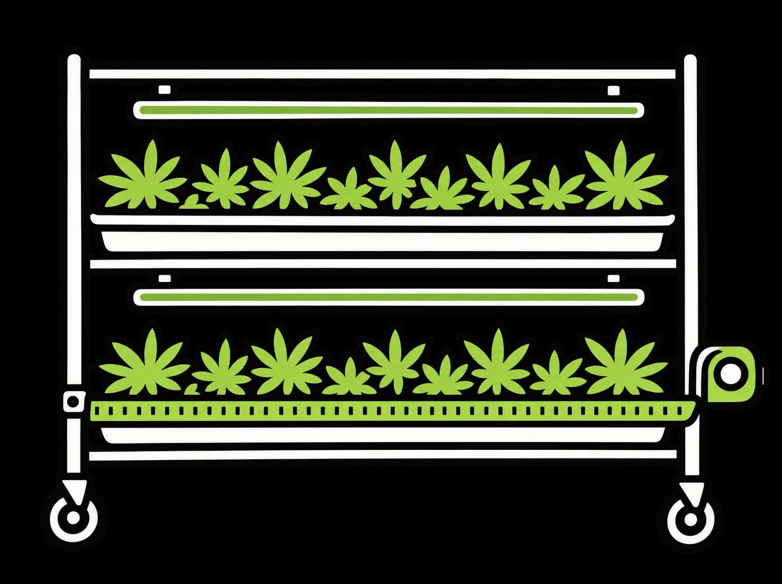 Ink drawing of a two-tier grow rack with trays of plants under light bars and a tape measure along the side