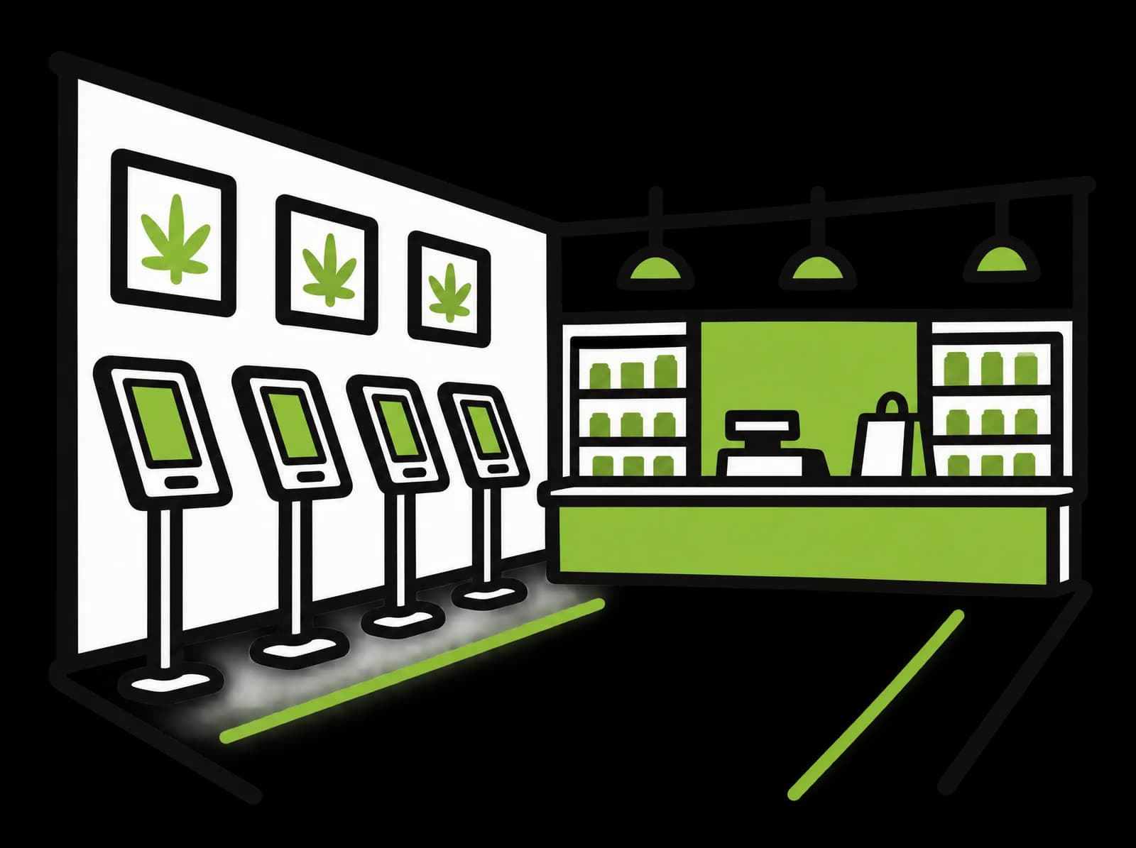 Ink drawing of an open shop floor with a row of self-order kiosks and a counter at the back