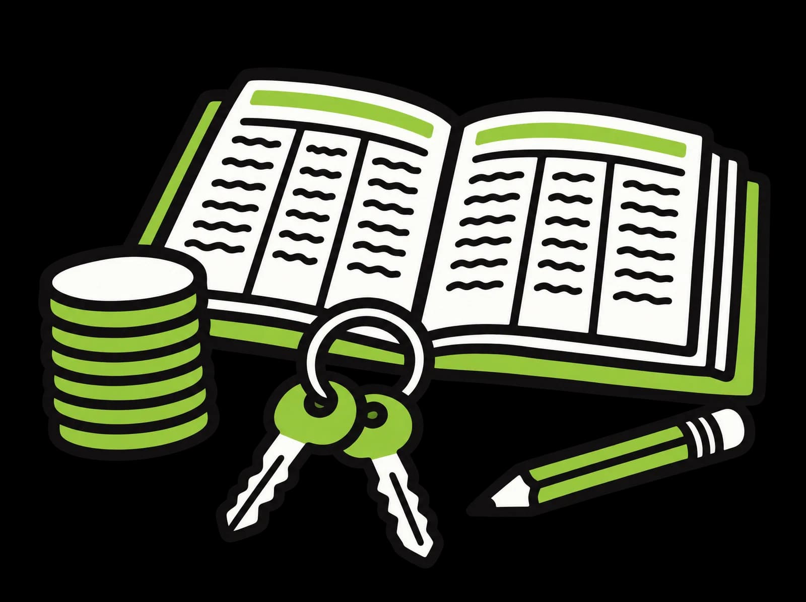 Ink drawing of an open ledger, a stack of coins, two shop keys on a ring and a pencil