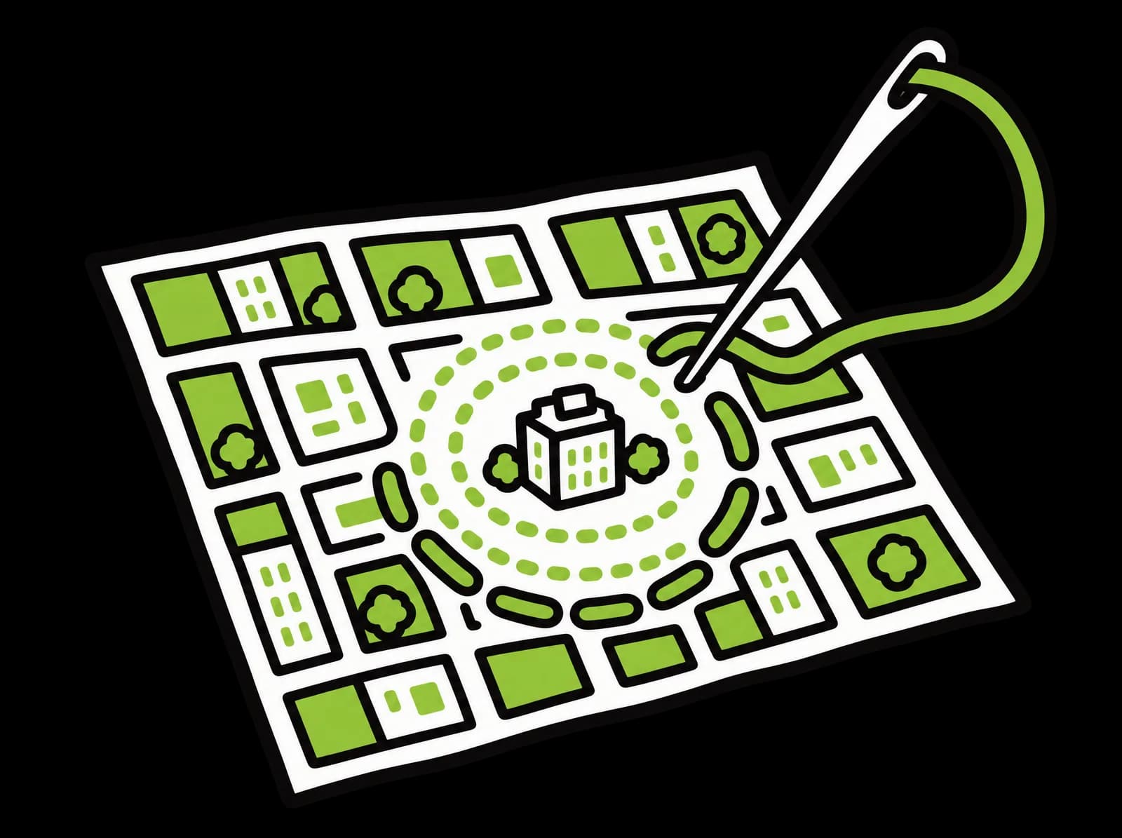 Ink drawing of a sewing needle stitching lime thread through a town map around one building ringed by dotted circles