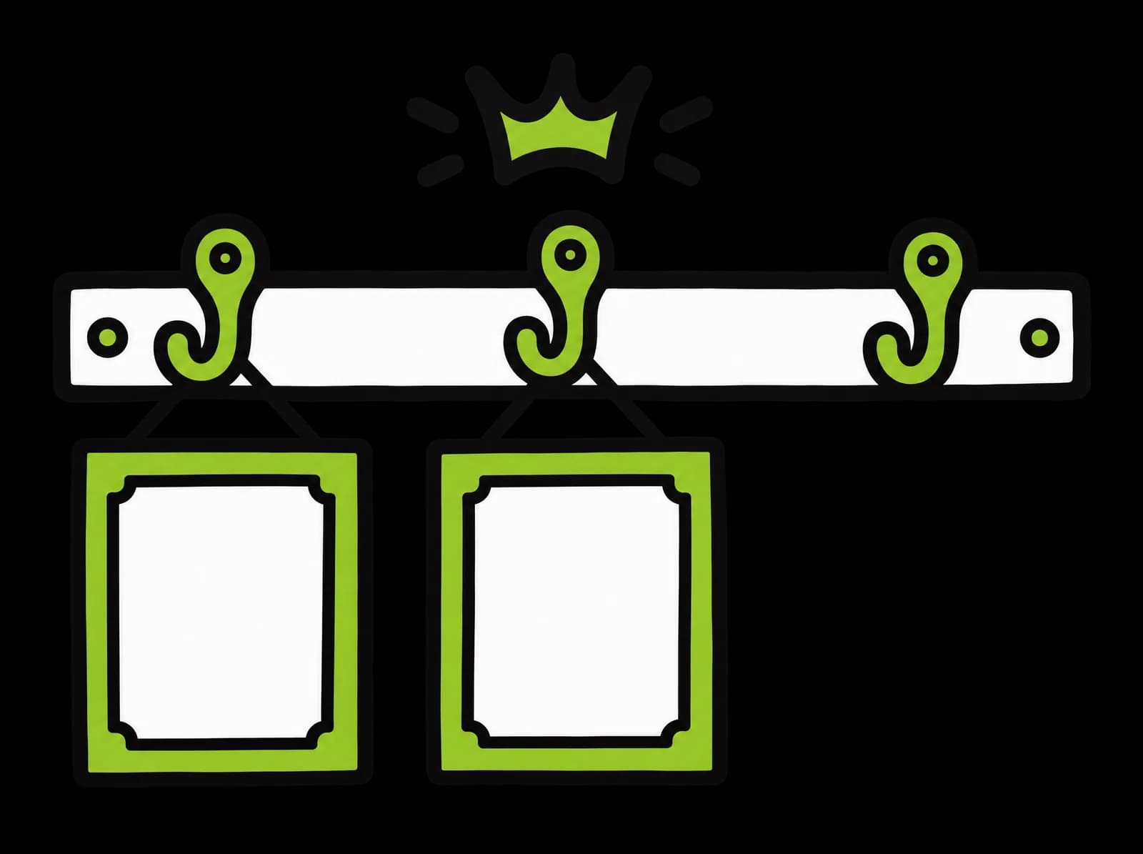 Ink drawing of three wall hooks: two hold framed certificates, the third is empty, with a crown above the second