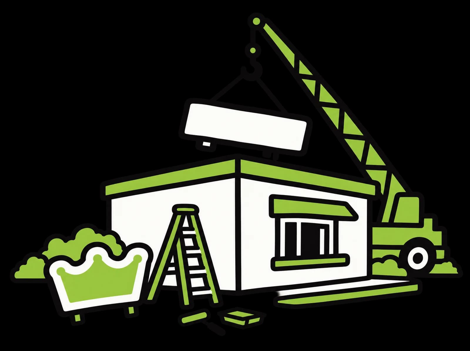 Ink drawing of a small drive-thru building as a crane lifts away its old sign and a new crowned sign waits below