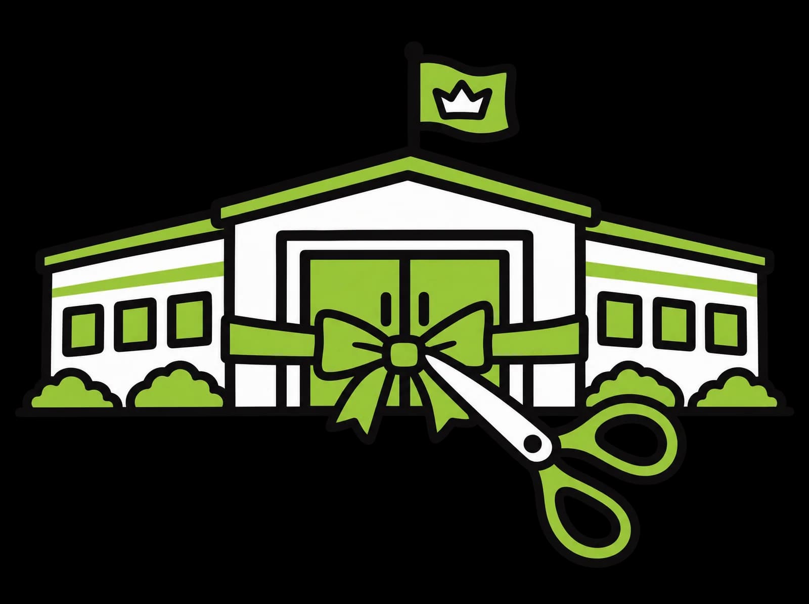 Ink drawing of a warehouse entrance with a ribbon bow across the doors, giant scissors and a crown flag on the roof