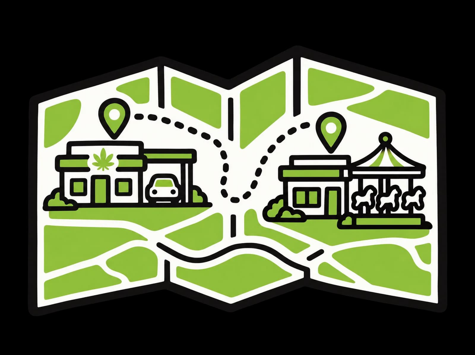 Ink drawing of an open road map with a drive-thru shop on one page and a shop by a carousel on the other, joined by a dotted route
