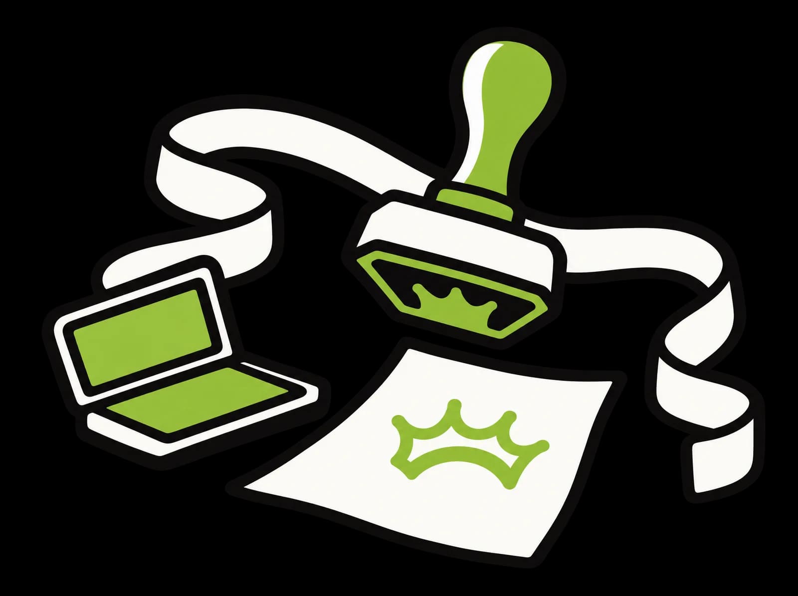 Ink drawing of a rubber stamp lifting off a page freshly stamped with a crown, an ink pad and a ribbon of paper tape