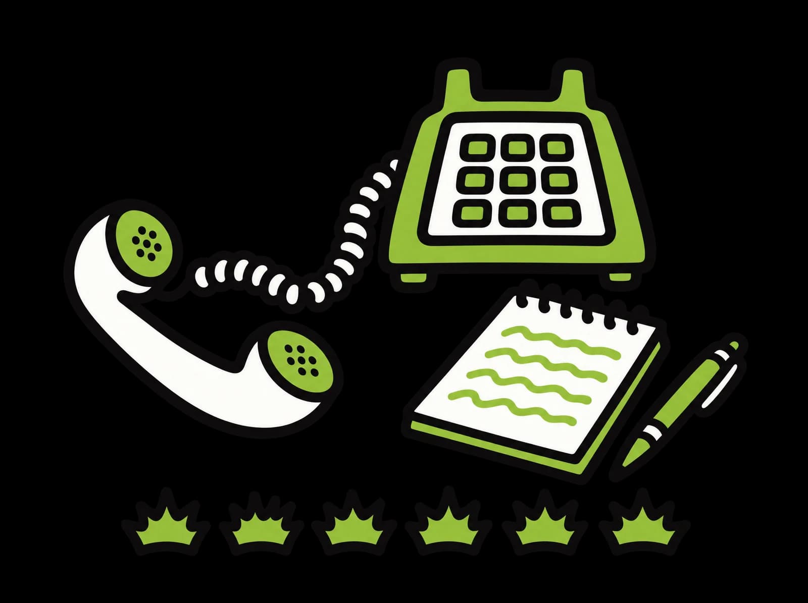 Ink drawing of a desk telephone off the hook, a reporter notepad and pen, and six small crowns in a row
