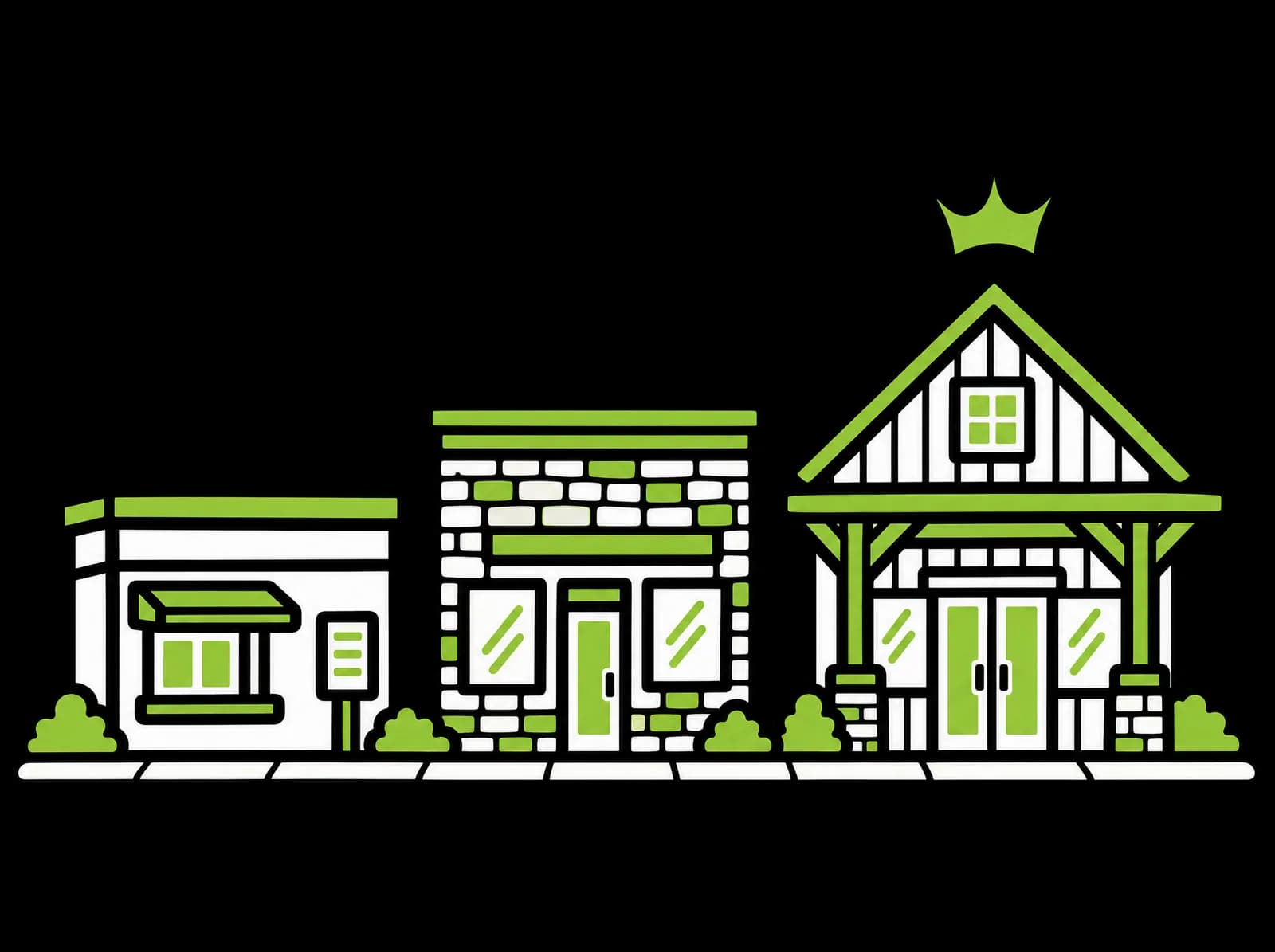 Ink drawing of three shops side by side, each bigger than the last, the third with a gable roof under a floating crown
