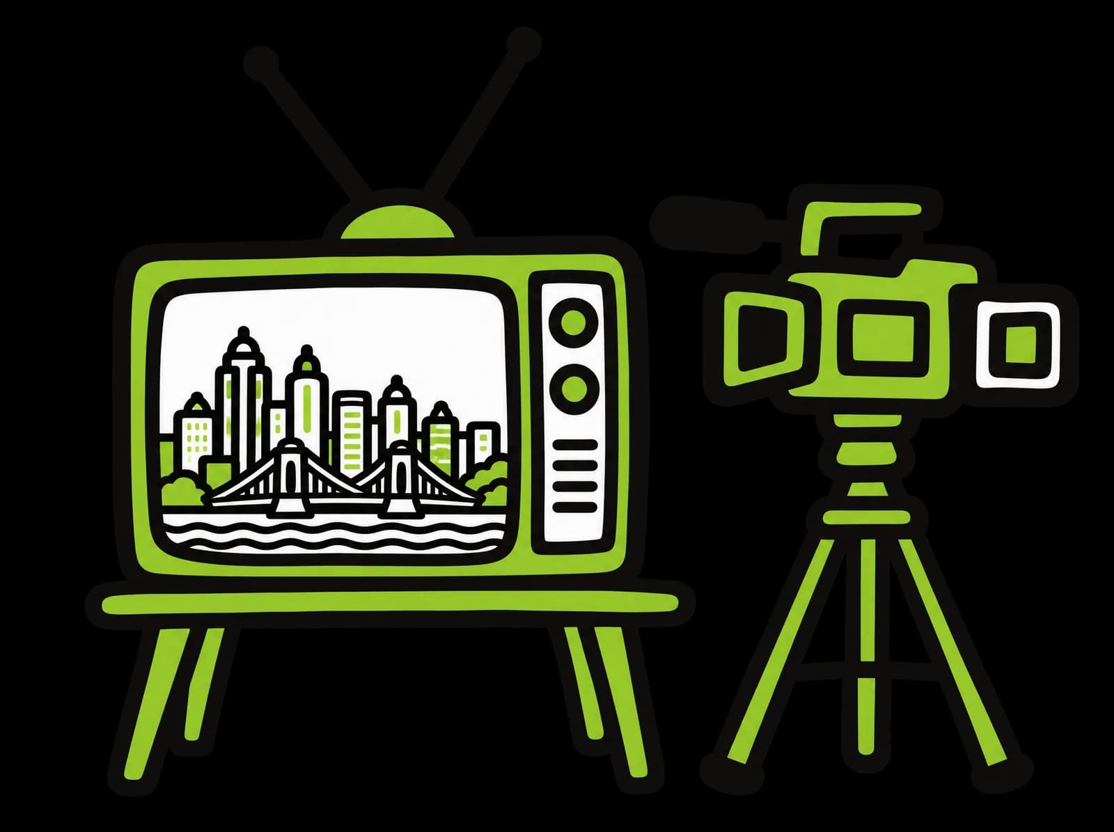 Ink drawing of a retro television showing the Cincinnati skyline and bridge, beside a broadcast camera on a tripod