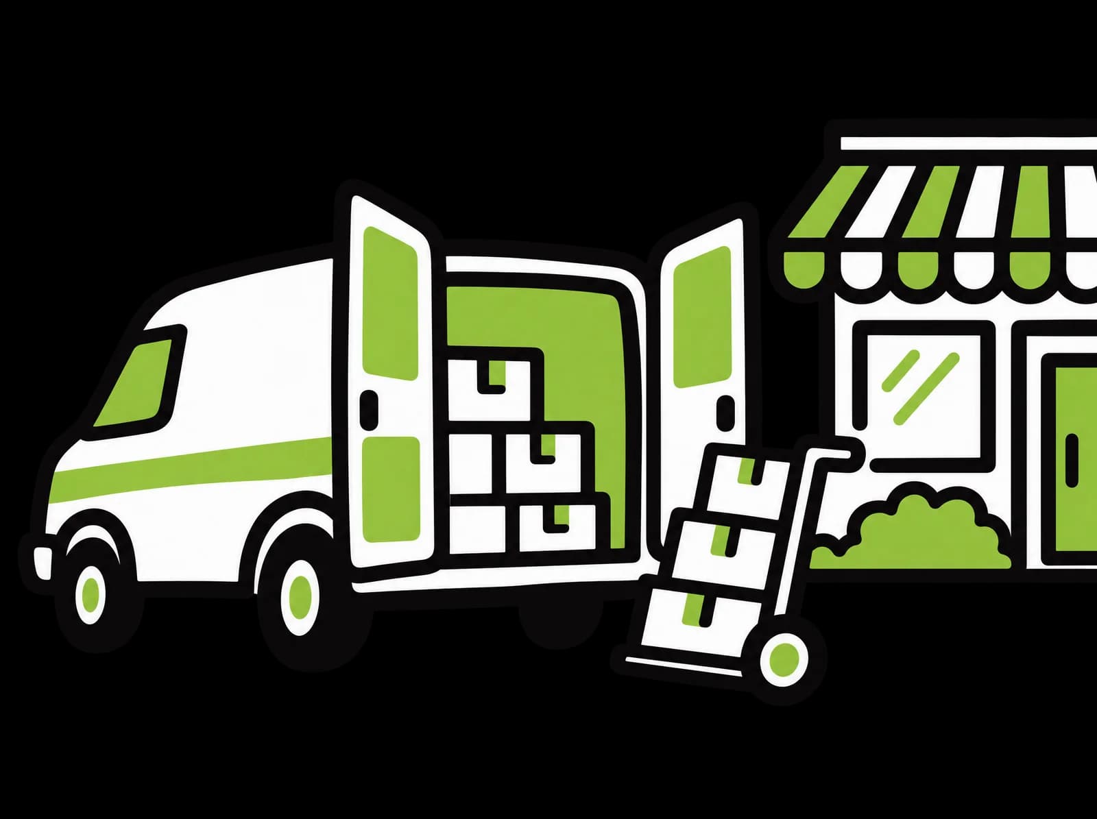 Ink drawing of a delivery van with its back doors open, boxes on a hand truck and a shop awning