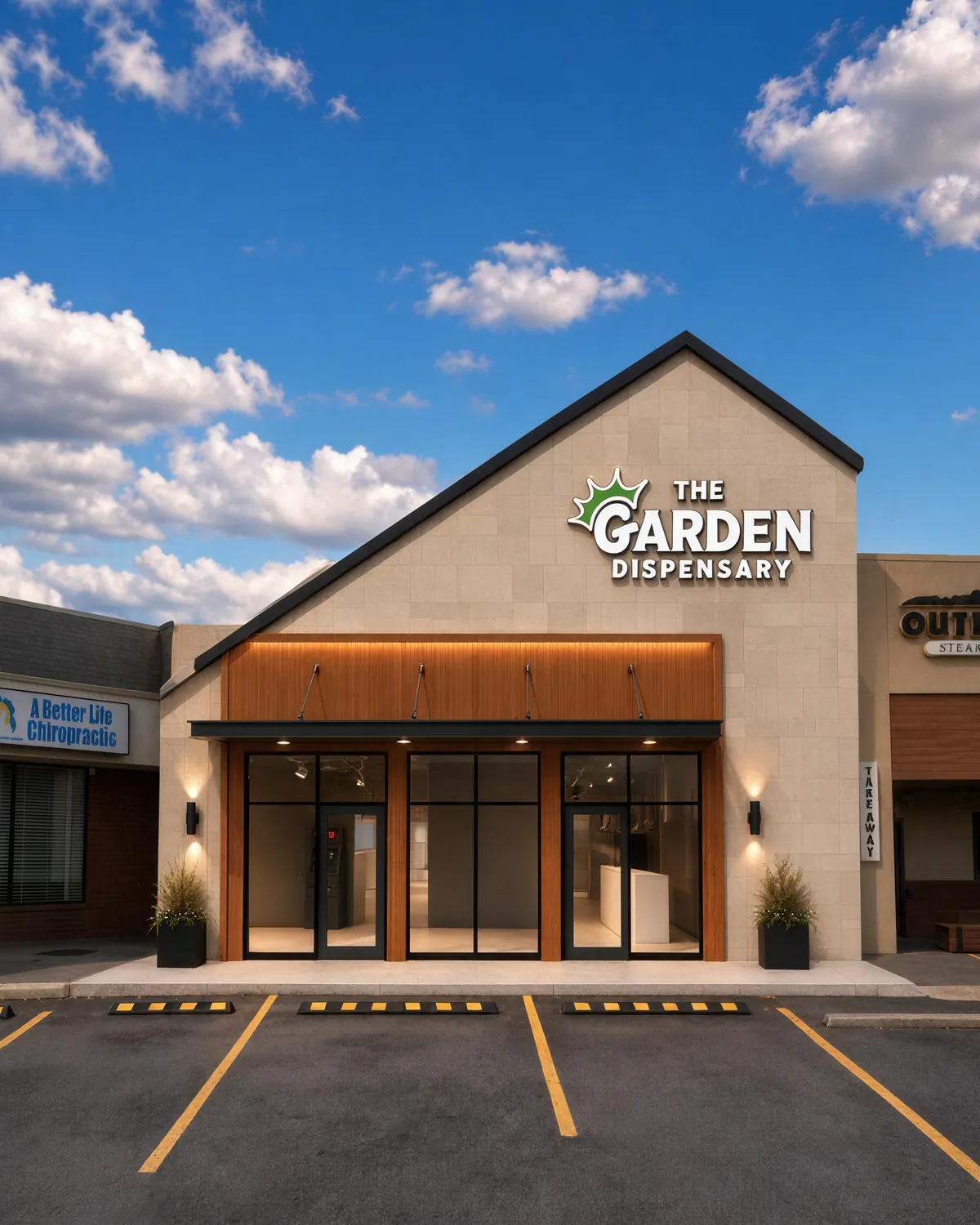 Rendering of The Garden Colerain Township: a pale stone gable with the crowned Garden Dispensary sign over a warm wood canopy and glass doors, with parking in front