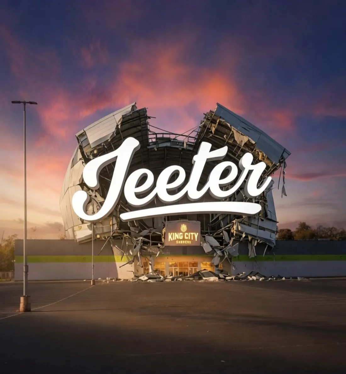 Launch art: a giant Jeeter script logo bursting through the roof of the King City Gardens building at dusk
