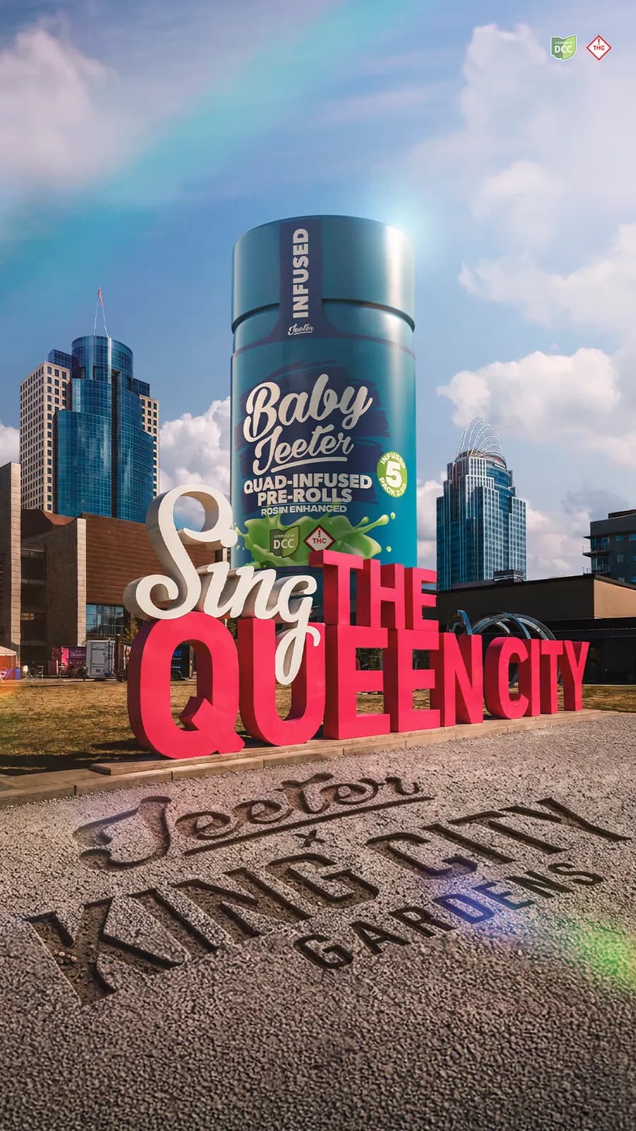 Jeeter x King City Gardens launch art: a giant Baby Jeeter tube rising over Cincinnati behind red SING THE QUEEN CITY letters