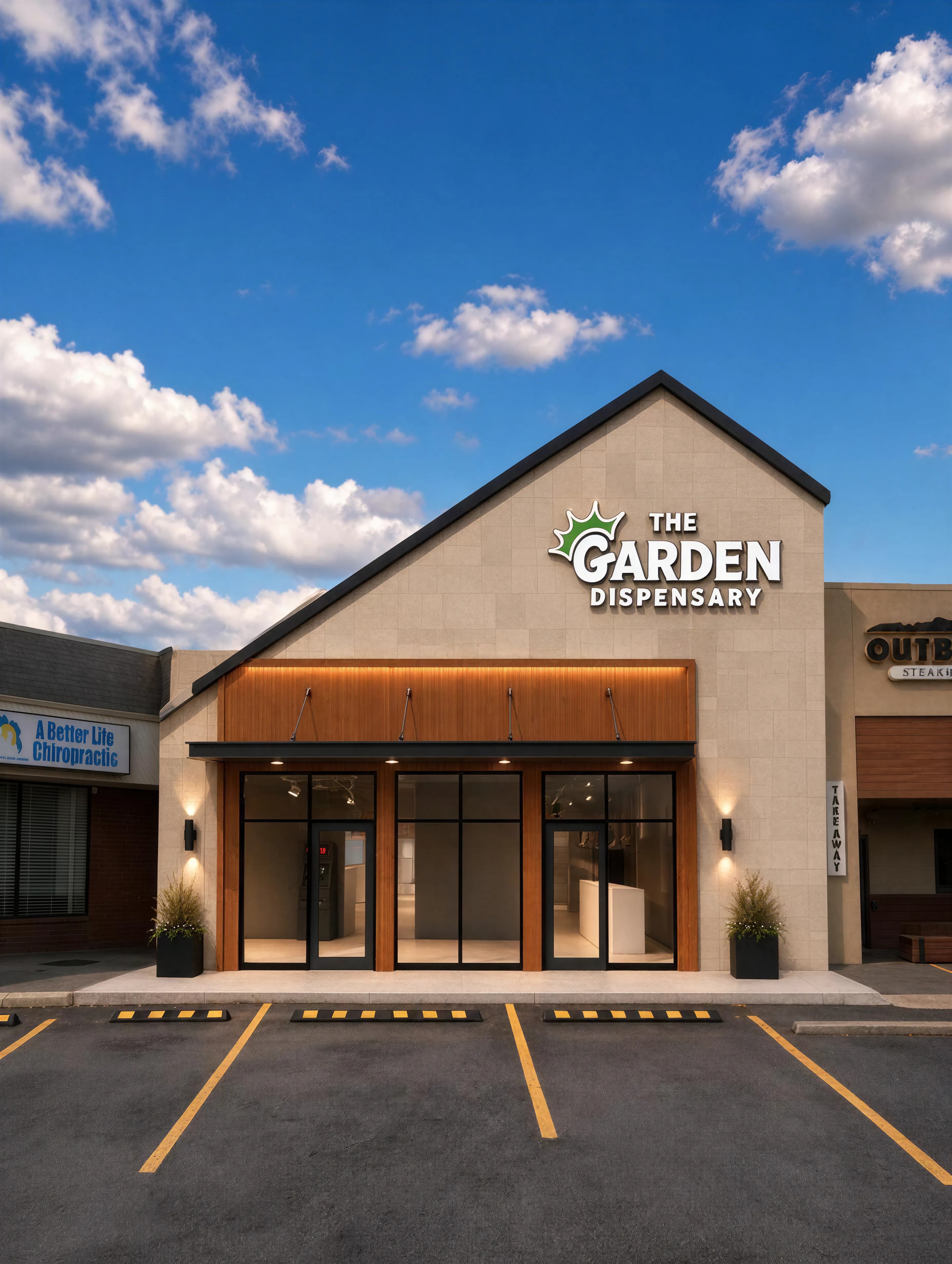 Rendering of The Garden Colerain Township storefront: a stone gable with the crowned-G THE GARDEN DISPENSARY sign above a cedar canopy and glass doors