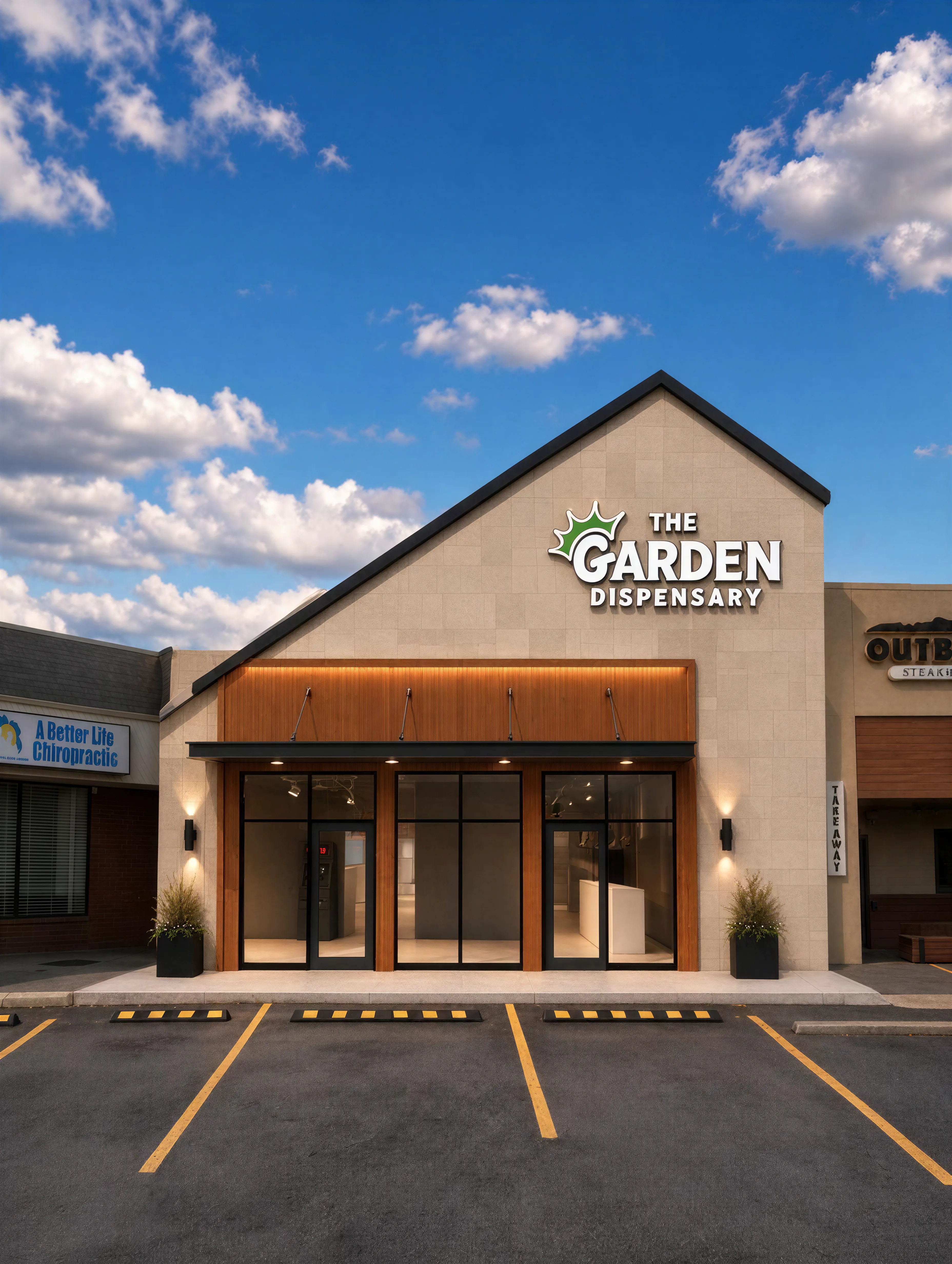 Rendering of The Garden Colerain Township storefront: a stone gable with the crowned-G THE GARDEN DISPENSARY sign above a cedar canopy and glass doors